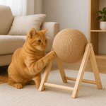 Petshop - Accesorii petshop - Jucarii animale - Jucarii interactive animale - Jucarie pentru pisici Brivoo, minge rotativa O 12 cm, stativ din lemn, doua moduri de asamblare, culoare maro - Infinity.ro