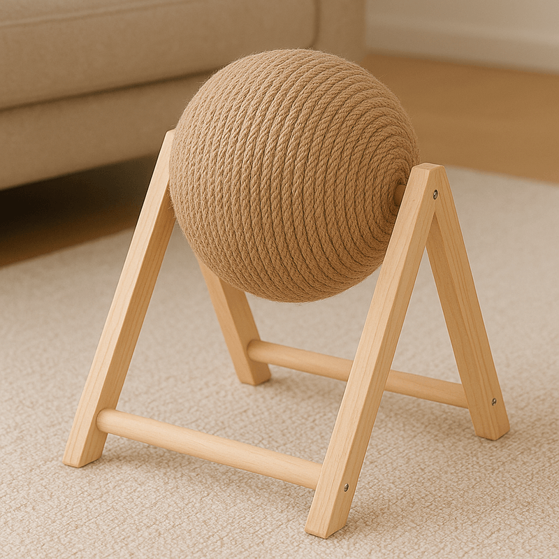 Petshop - Accesorii petshop - Jucarii animale - Jucarii interactive animale - Jucarie pentru pisici Brivoo, minge rotativa O 12 cm, stativ din lemn, doua moduri de asamblare, culoare maro - Infinity.ro