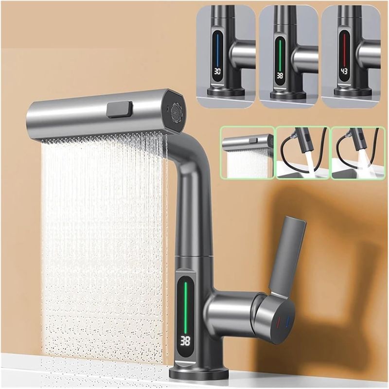 Casa si Gradina - Sanitare - Chiuveta bucatarie si accesorii - Baterii bucatarie - Baterie baie / bucatarie BRIVOO AquaSpa, dus extractibil, Display LED temperatura, 3 moduri curgere apa, corp metal - Infinity.ro