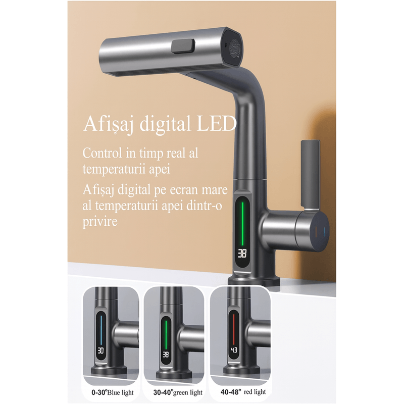 Casa si Gradina - Sanitare - Chiuveta bucatarie si accesorii - Baterii bucatarie - Baterie baie / bucatarie BRIVOO AquaSpa, dus extractibil, Display LED temperatura, 3 moduri curgere apa, corp metal - Infinity.ro
