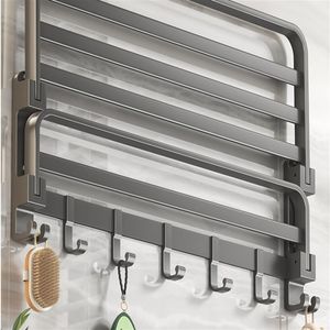 Suport prosoape baie rabatabil Brivoo 70 cm, inox gri, 1 bara + 8 carlige, montaj cu ventuze, rezistent la rugina