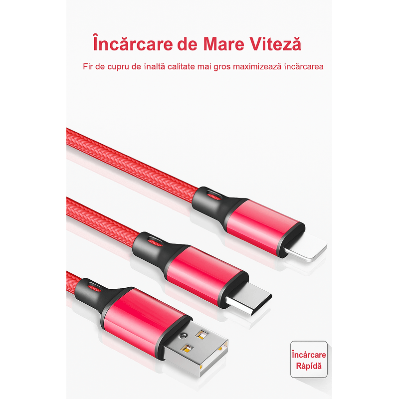 Laptop, Telefoane si Tablete - Telefoane mobile si accesorii - Accesorii Telefoane - Cabluri si adaptoare telefoane - Cablu incarcare 3-in-1 Brivoo®, USB la Micro USB, USB Type-C si Lightning, lungime 1, 1 m, curent 2A pentru incarcare - Infinity.ro