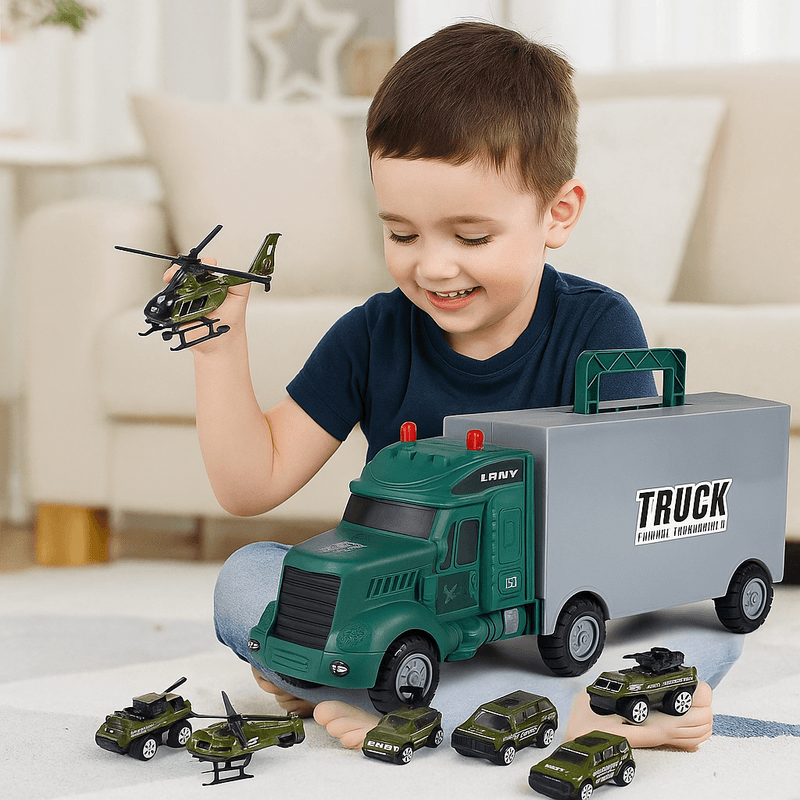 Jucarii, Copii si Bebe - Jucarii si jocuri - Jucarii de rol - Arme de jucarie - Set Camion Militar cu 7 Piese, Mini Vehicule, Covoras de Joaca, Sunet si Lumina, Jucarie pentru Copii 8–12 ani, Brivoo® - Infinity.ro