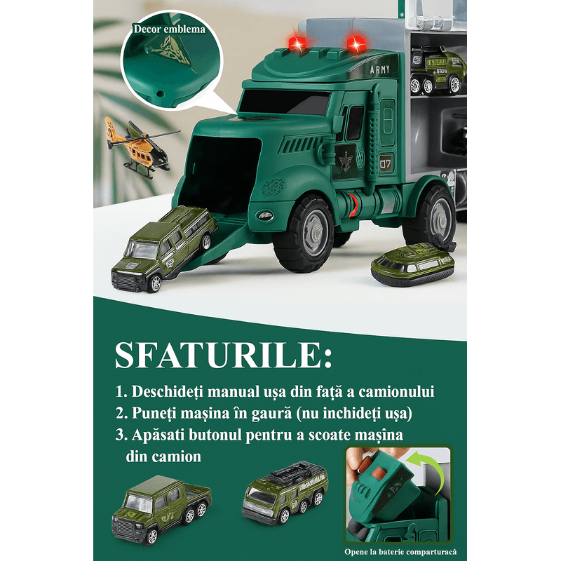 Jucarii, Copii si Bebe - Jucarii si jocuri - Jucarii de rol - Arme de jucarie - Set Camion Militar cu 7 Piese, Mini Vehicule, Covoras de Joaca, Sunet si Lumina, Jucarie pentru Copii 8–12 ani, Brivoo® - Infinity.ro