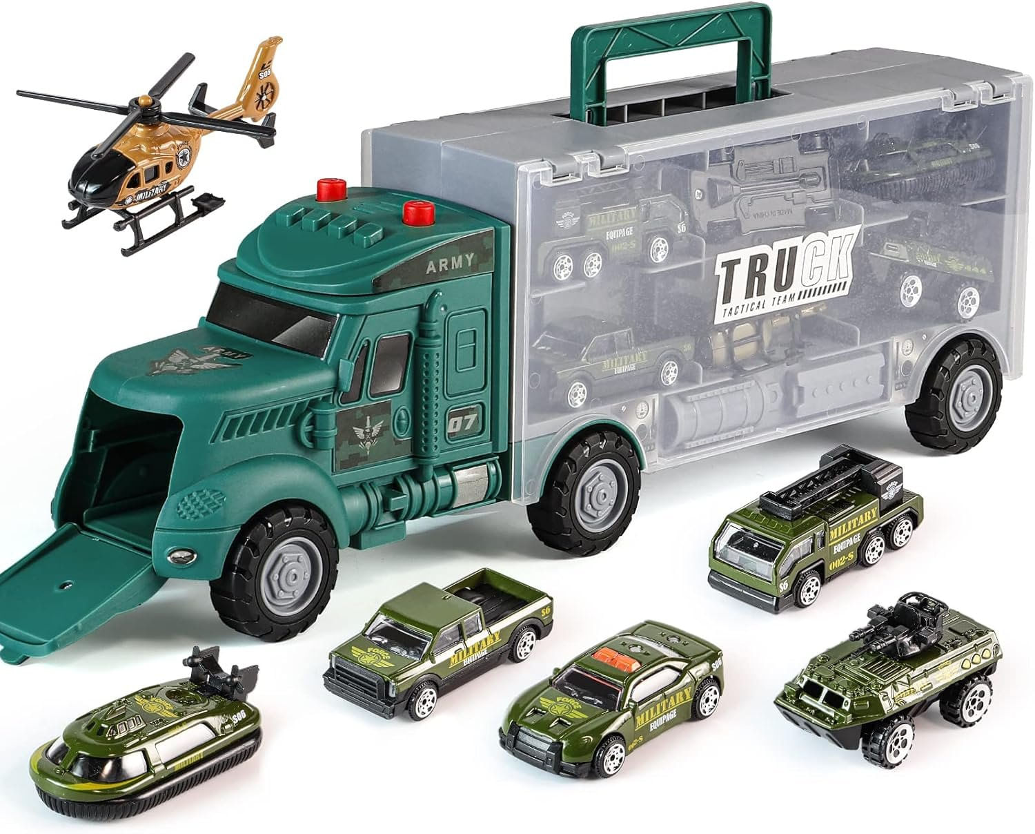 Set Camion Militar cu 7 Piese, Mini Vehicule, Covoras de Joaca, Sunet si Lumina, Jucarie pentru Copii 8–12 ani, Brivoo®