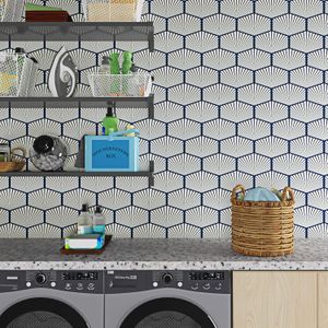 Tapet autocolant albastru beige, 44.5 cm x 3 m, geometric impermeabil, pentru pereti, mobilier bucatarie, baie