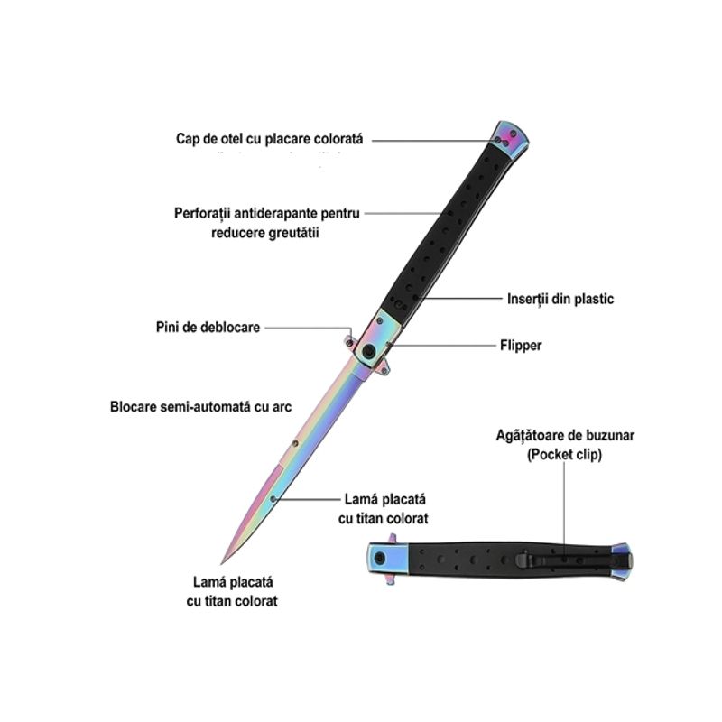 Sport si Outdoor - Camping - Cutite, bricege si accesorii - Cutite si bricege - Briceag tip Stiletto, multicolor, deschidere manuala, lungime 33 cm, lama metalica - Infinity.ro