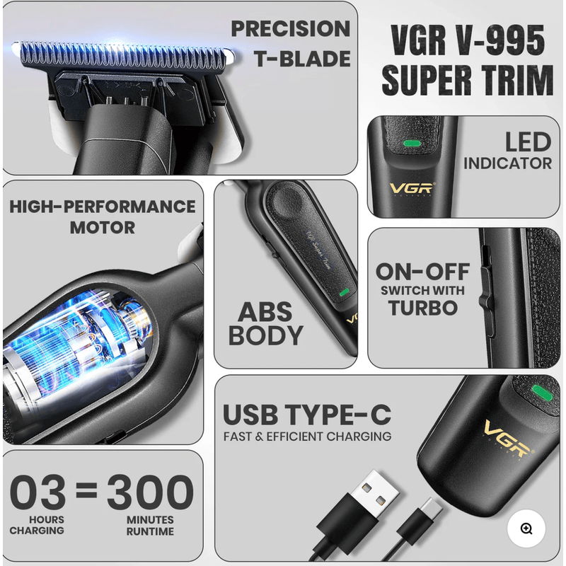 Ingrijire personala si Cosmetice - Aparate & accesorii ingrijire personala - Aparate de ras si tuns - Aparate de tuns - Set cu aparat de tuns fara fir VGR V 995 cu 4 distantiere autonomie 300min 2000mAh - Infinity.ro