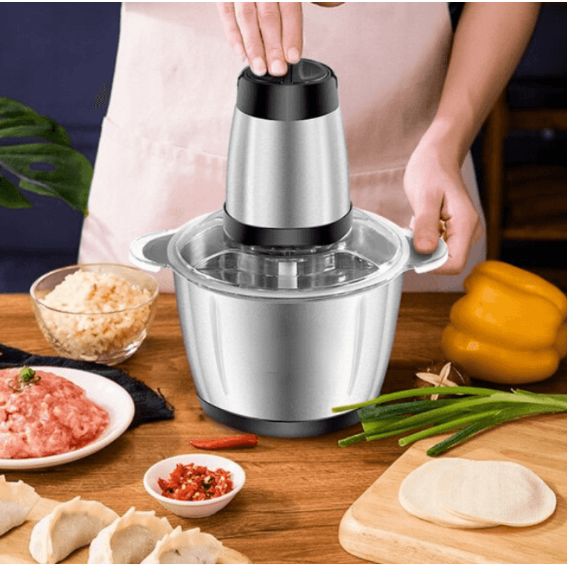 Electronice si Electrocasnice - Electrocasnice bucatarie - Mixere, tocatoare & roboti de bucatarie - Blendere si mini tocatoare - Tocator Electric Multifunctional Q JR842 650W cu 2 Viteze din Inox pentru Carne Fructe si Legume Capacitate 3L - Infinity.ro