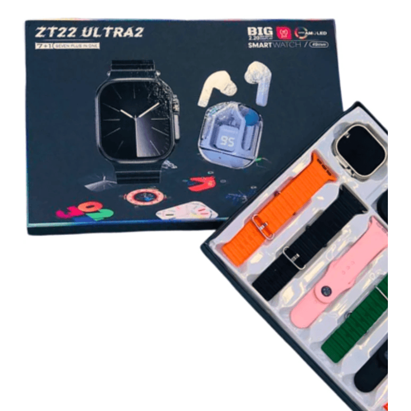 Laptop, Telefoane si Tablete - Wearables si gadgeturi - Wearables - Smartwatch-uri - Set Cadou Smartwatch ZT22 Ultra2 cu 7 Bratari incarcator Wireless si Casti Bluetooth - Infinity.ro