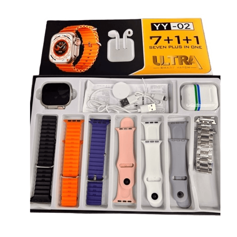 Laptop, Telefoane si Tablete - Wearables si gadgeturi - Wearables - Smartwatch-uri - Set Cadou Smartwatch YY02 cu 7 Bratari incarcator Wireless si Casti Bluetooth - Infinity.ro