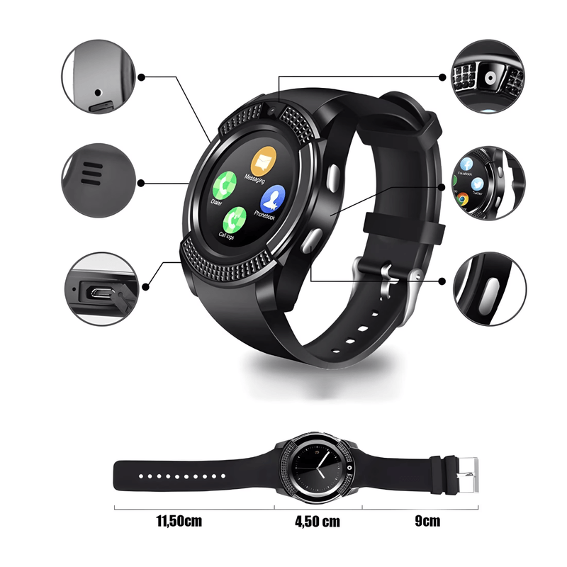Laptop, Telefoane si Tablete - Wearables si gadgeturi - Wearables - Smartwatch-uri - Ceas Smartwatch V8 cu functie apelare SMS camera Bluetooth Android Negru - Infinity.ro