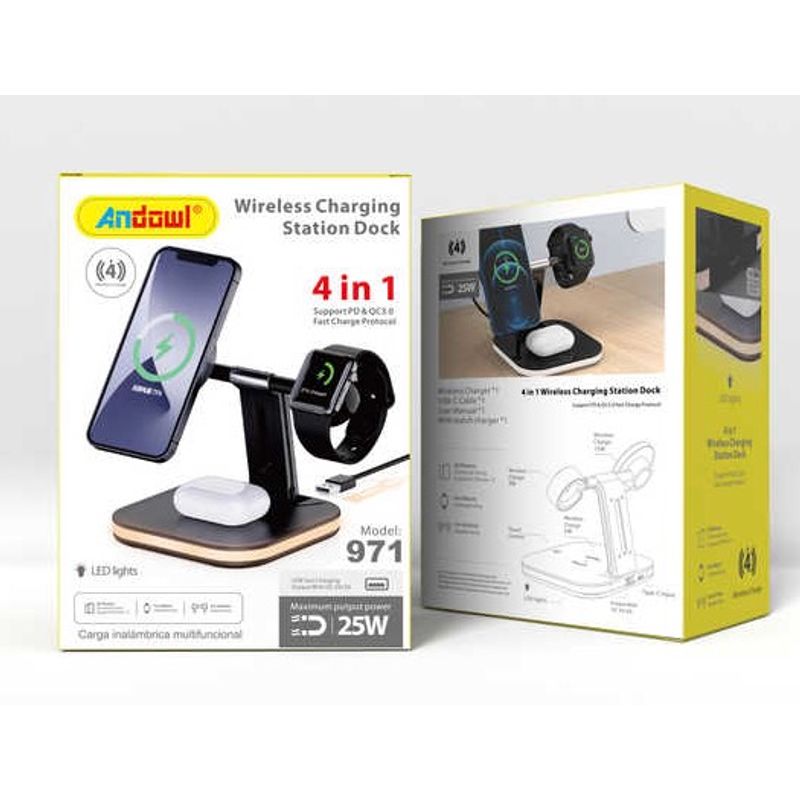 Laptop, Telefoane si Tablete - Telefoane mobile si accesorii - Accesorii Telefoane - Incarcatoare telefoane - Incarcator Wireless 4 in 1 cu LED Model 971 pentru Telefon Ceas Casti - Infinity.ro