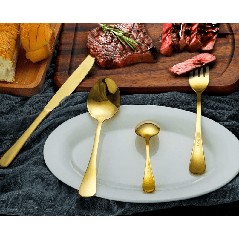 Casa si Gradina - Bucatarie si vesela - Vesela si tacamuri - Tacamuri si seturi - Set de tacamuri din otel inoxidabil cu suport agatat aurii 24 piese - Infinity.ro