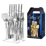 Casa si Gradina - Bucatarie si vesela - Vesela si tacamuri - Tacamuri si seturi - Set 24 piese tacamuri ARGINTII cu suport otel inoxidabil - Infinity.ro