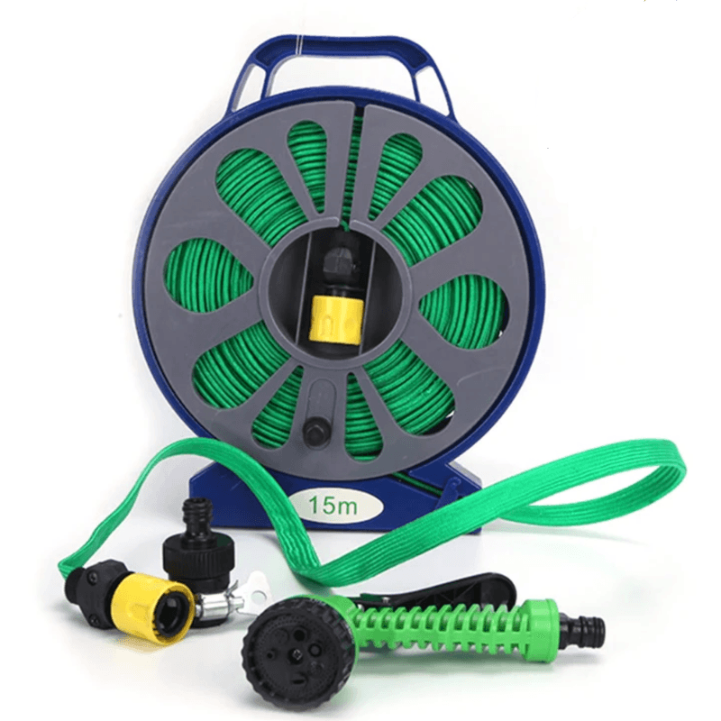 Casa si Gradina - Gradinarit si plante - Instalatii si accesorii pentru irigatii - Furtunuri de gradina si accesorii - Set pentru stropit furtun textil flexibil 15m cu tambur pistol de pulverizat 7 in 1 - Infinity.ro