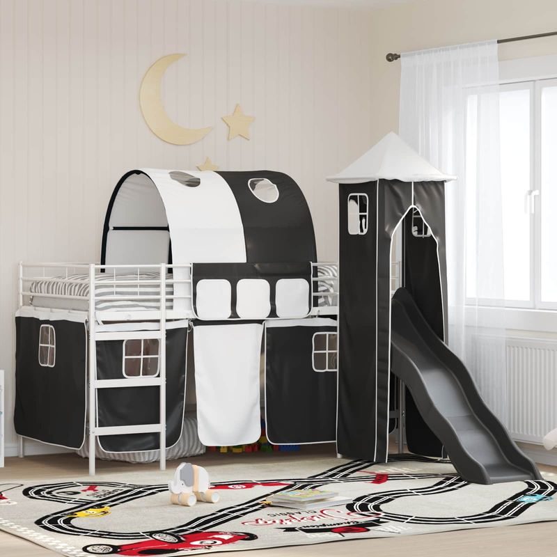 Casa si Gradina - Mobilier - Paturi si accesorii - Paturi - Cadru de pat inalt pentru copii cu perdele, arc, tobogan, turn - Infinity.ro