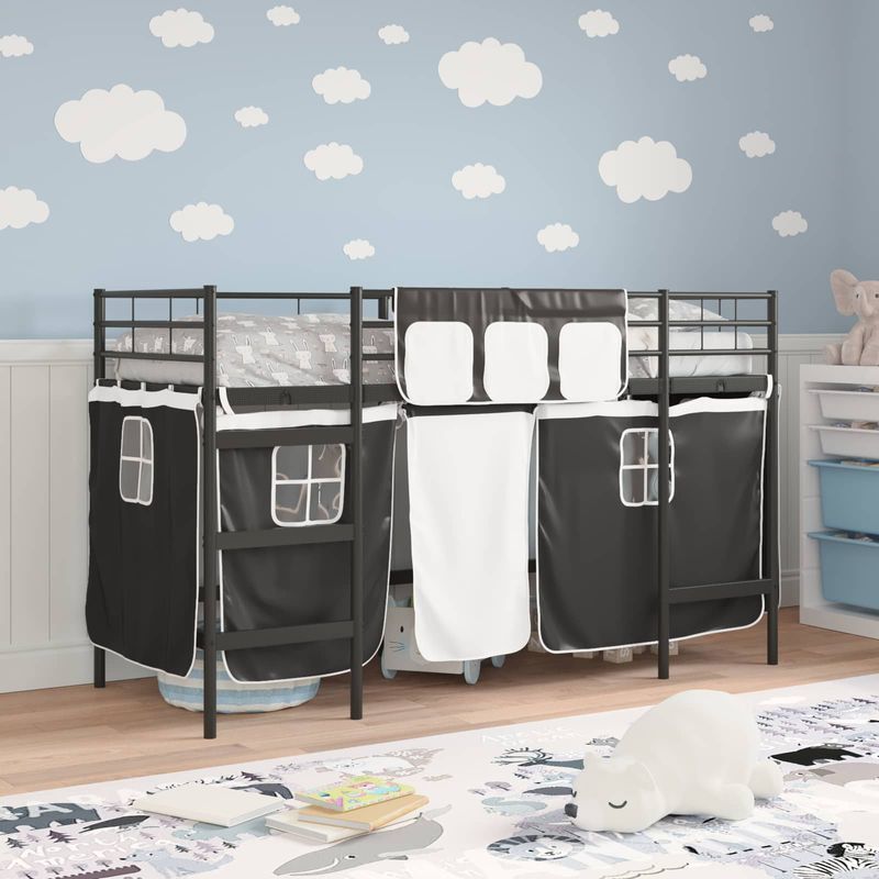 Casa si Gradina - Mobilier - Paturi si accesorii - Paturi - Cadru de Pat Pe Doua Niveluri pentru Copii cu Cortine Negru - Infinity.ro