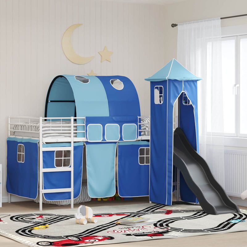 Casa si Gradina - Mobilier - Paturi si accesorii - Paturi - Cadru de pat inalt pentru copii cu perdele, arc, tobogan, turn - Infinity.ro