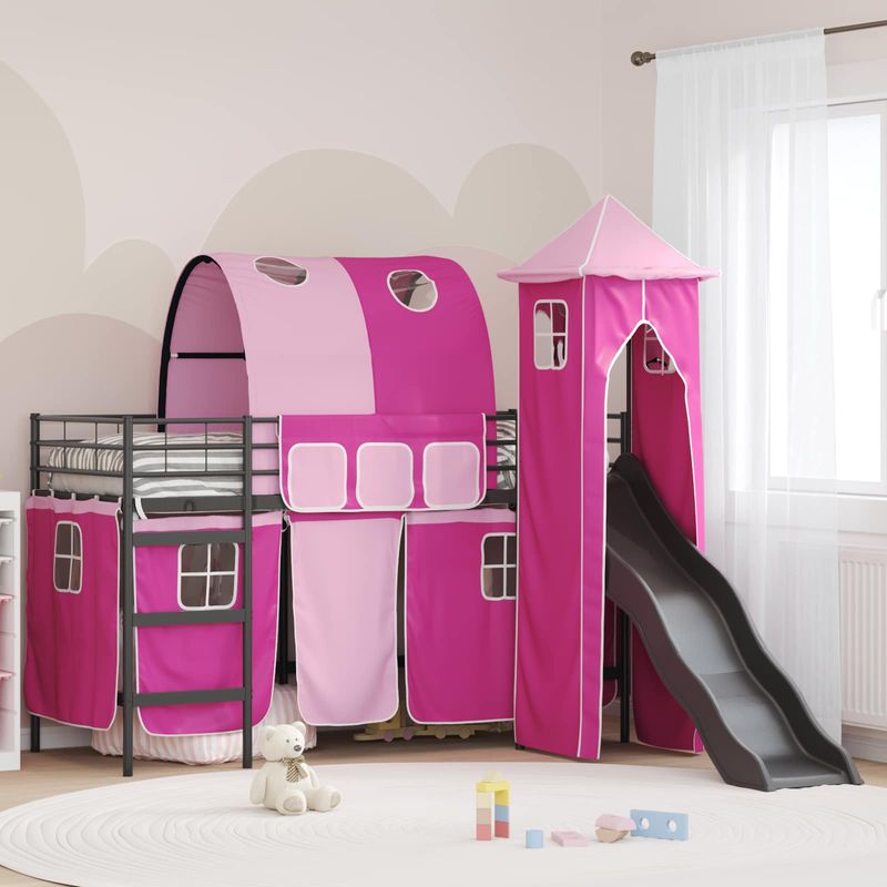Casa si Gradina - Mobilier - Paturi si accesorii - Paturi - Cadru de pat inalt pentru copii cu perdele, arc, tobogan, turn - Infinity.ro