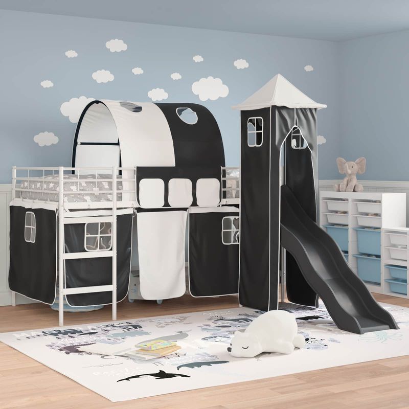 Casa si Gradina - Mobilier - Paturi si accesorii - Paturi - Cadru de pat inalt pentru copii cu perdele, arc, tobogan, turn - Infinity.ro
