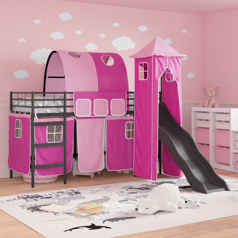 Casa si Gradina - Mobilier - Paturi si accesorii - Paturi - Cadru de pat inalt pentru copii cu perdele, arc, tobogan, turn - Infinity.ro