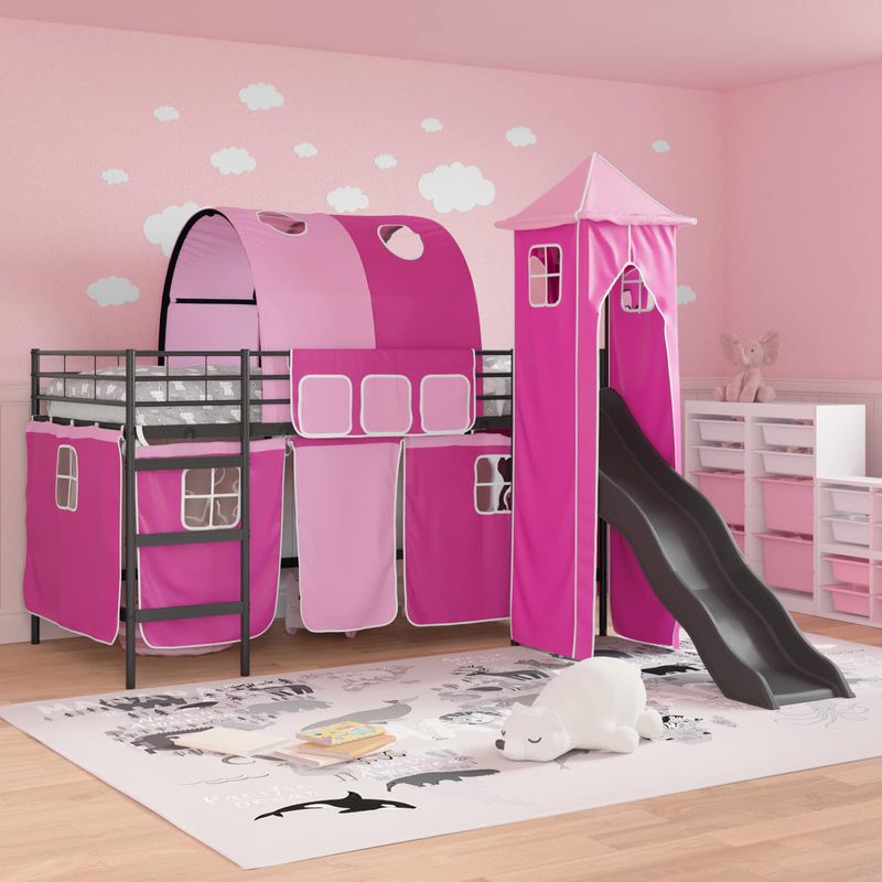 Casa si Gradina - Mobilier - Paturi si accesorii - Paturi - Cadru de pat inalt pentru copii cu perdele, arc, tobogan, turn - Infinity.ro