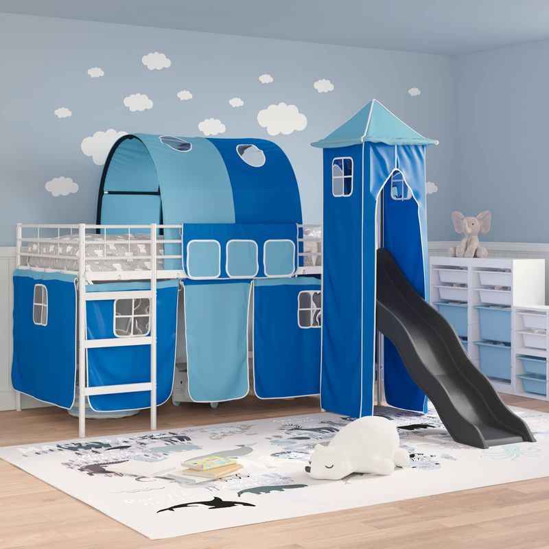 Casa si Gradina - Mobilier - Paturi si accesorii - Paturi - Cadru de pat inalt pentru copii cu perdele, arc, tobogan, turn - Infinity.ro