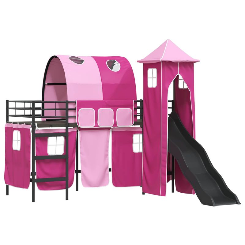 Casa si Gradina - Mobilier - Paturi si accesorii - Paturi - Cadru de pat inalt pentru copii cu perdele, arc, tobogan, turn - Infinity.ro
