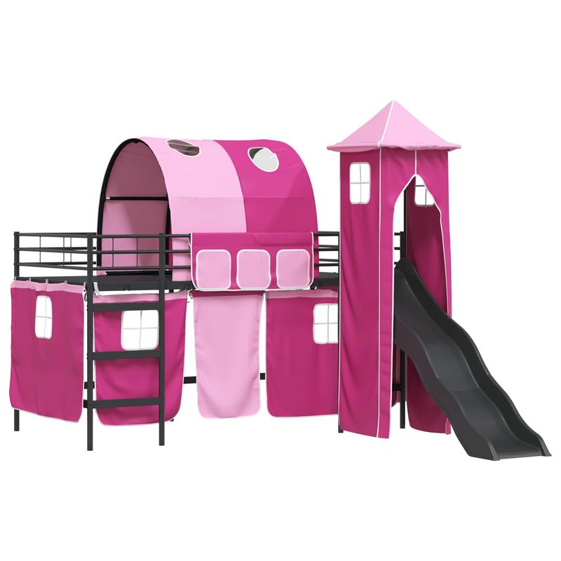 Casa si Gradina - Mobilier - Paturi si accesorii - Paturi - Cadru de pat inalt pentru copii cu perdele, arc, tobogan, turn - Infinity.ro