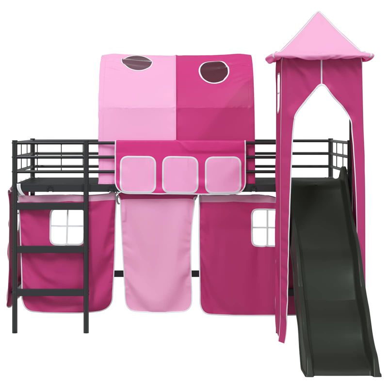 Casa si Gradina - Mobilier - Paturi si accesorii - Paturi - Cadru de pat inalt pentru copii cu perdele, arc, tobogan, turn - Infinity.ro
