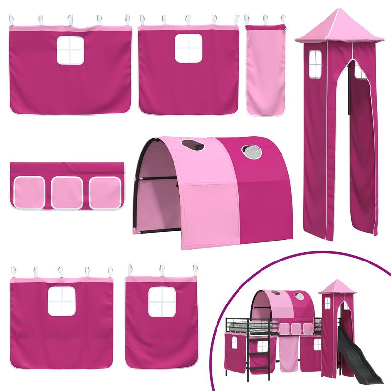 Casa si Gradina - Mobilier - Paturi si accesorii - Paturi - Cadru de pat inalt pentru copii cu perdele, arc, tobogan, turn - Infinity.ro
