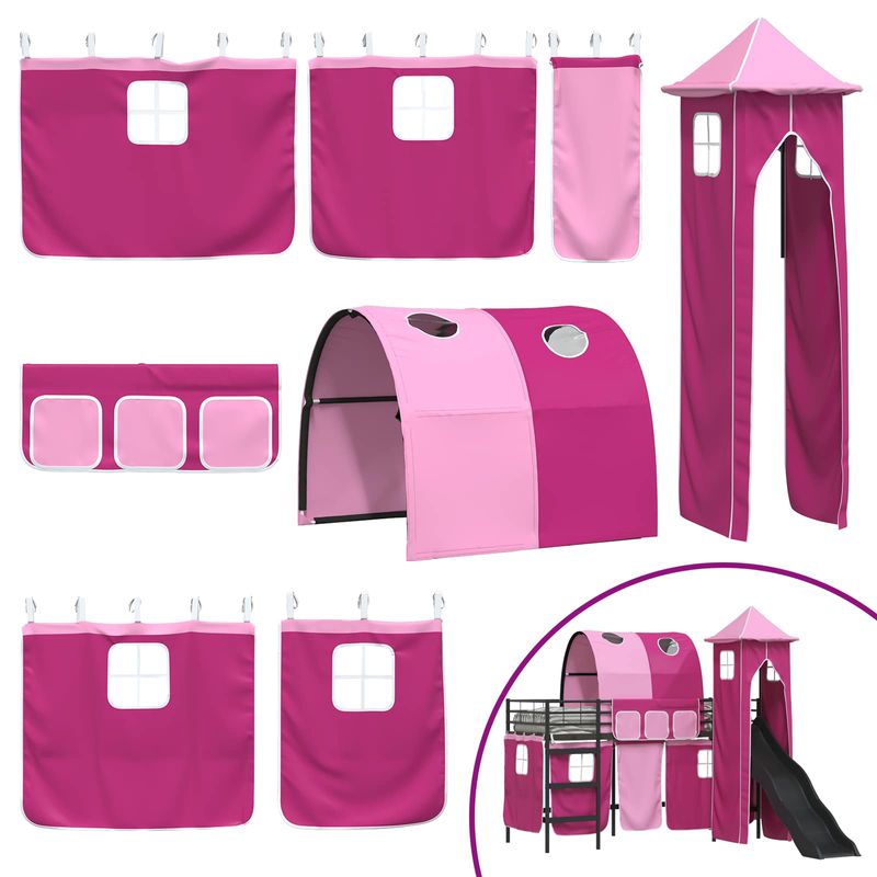 Casa si Gradina - Mobilier - Paturi si accesorii - Paturi - Cadru de pat inalt pentru copii cu perdele, arc, tobogan, turn - Infinity.ro
