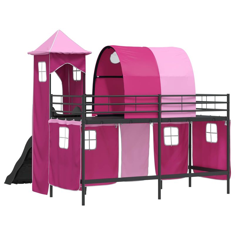 Casa si Gradina - Mobilier - Paturi si accesorii - Paturi - Cadru de pat inalt pentru copii cu perdele, arc, tobogan, turn - Infinity.ro