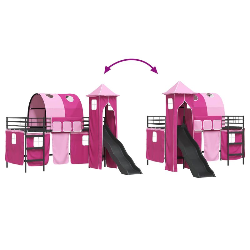 Casa si Gradina - Mobilier - Paturi si accesorii - Paturi - Cadru de pat inalt pentru copii cu perdele, arc, tobogan, turn - Infinity.ro