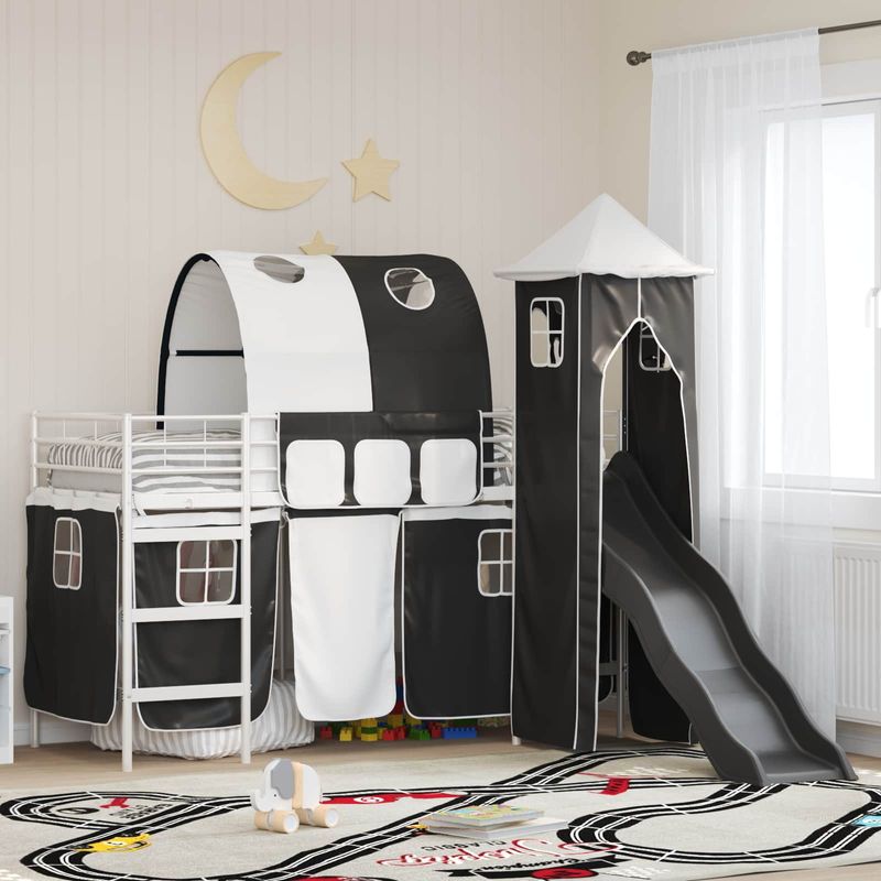 Casa si Gradina - Mobilier - Paturi si accesorii - Paturi - Cadru de pat inalt pentru copii cu perdele, arc, tobogan, turn - Infinity.ro