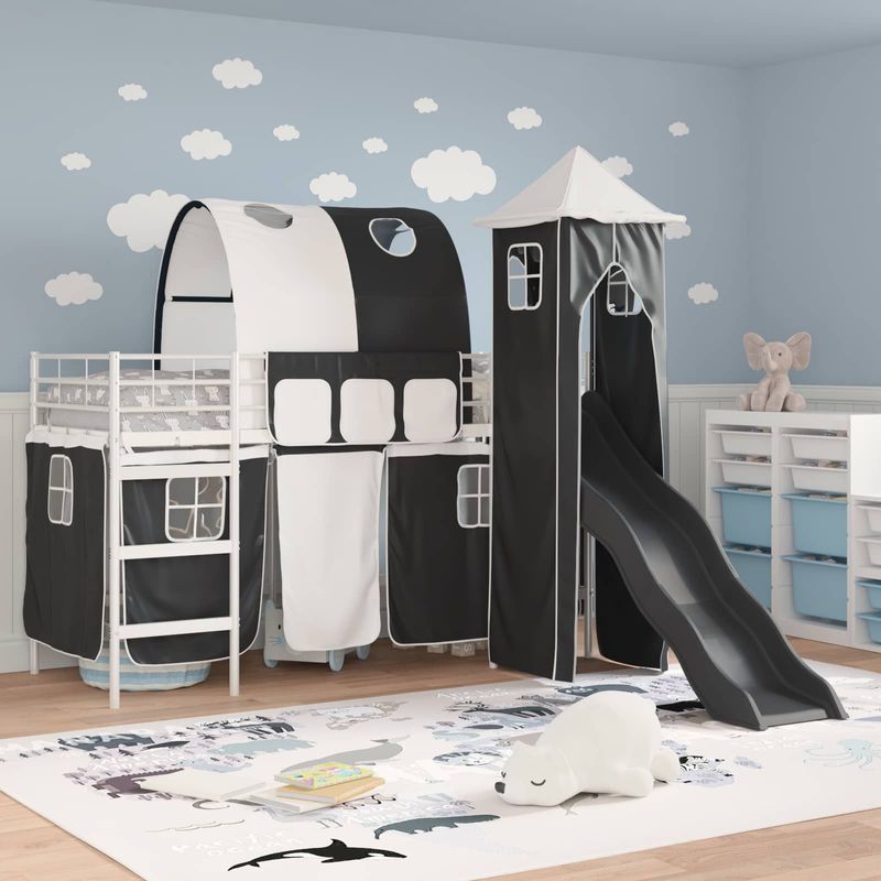 Casa si Gradina - Mobilier - Paturi si accesorii - Paturi - Cadru de pat inalt pentru copii cu perdele, arc, tobogan, turn - Infinity.ro