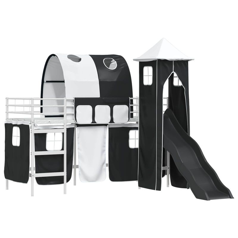 Casa si Gradina - Mobilier - Paturi si accesorii - Paturi - Cadru de pat inalt pentru copii cu perdele, arc, tobogan, turn - Infinity.ro