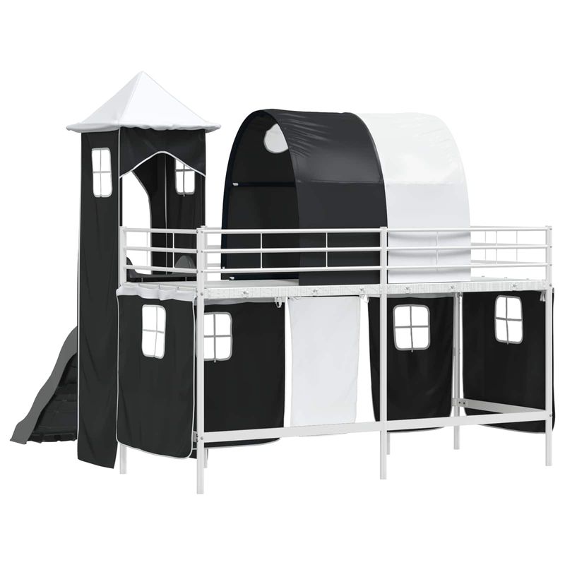 Casa si Gradina - Mobilier - Paturi si accesorii - Paturi - Cadru de pat inalt pentru copii cu perdele, arc, tobogan, turn - Infinity.ro