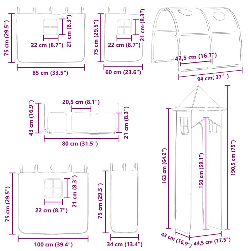 Casa si Gradina - Mobilier - Paturi si accesorii - Paturi - Cadru de pat inalt pentru copii cu perdele, arc, tobogan, turn - Infinity.ro