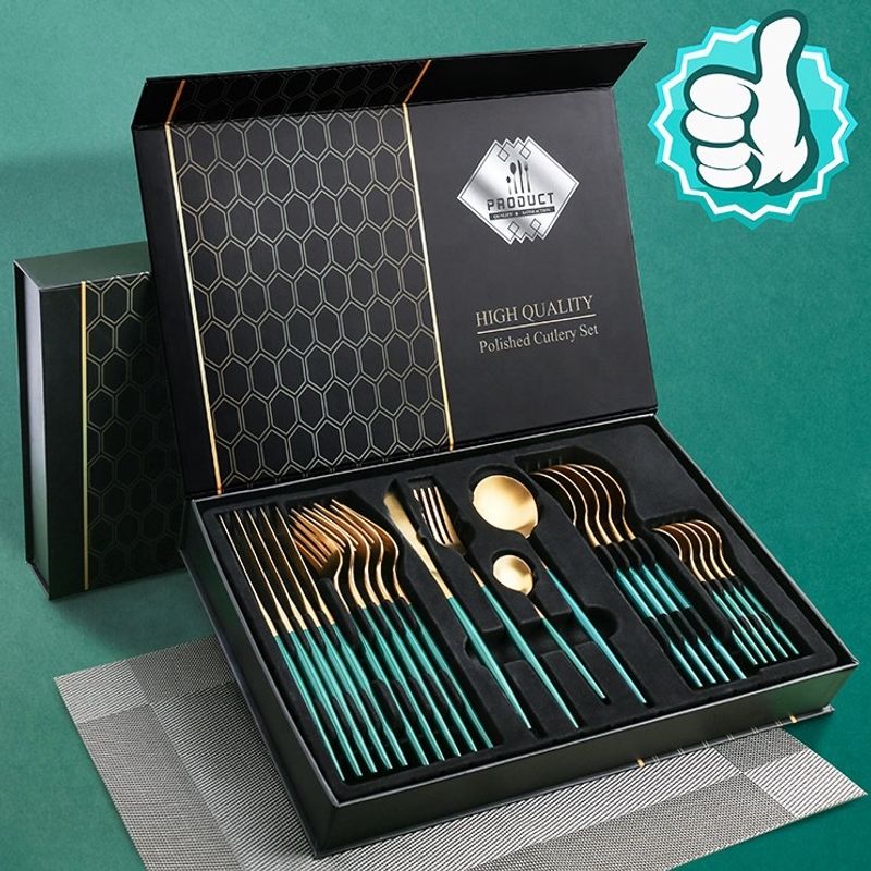 Casa si Gradina - Bucatarie si vesela - Vesela si tacamuri - Tacamuri si seturi - Set de 24 piese tacamuri in stil portughez- culoare verde si auriu - Infinity.ro