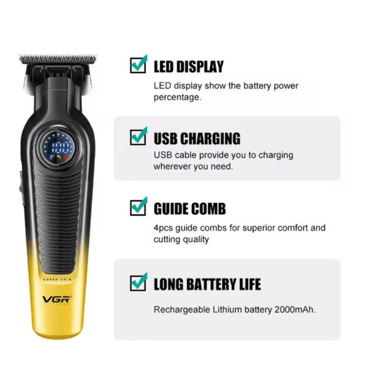 Ingrijire personala si Cosmetice - Aparate & accesorii ingrijire personala - Aparate de ras si tuns - Aparate de tuns - Set cu aparat de tuns fara fir VGR V 996 4 distantiere afisaj LED autonomie 300min - Infinity.ro