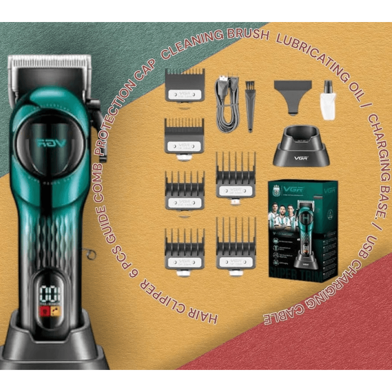 Ingrijire personala si Cosmetice - Aparate & accesorii ingrijire personala - Aparate de ras si tuns - Aparate de tuns - Set aparat de tuns fara fir VGR V 166 2000mah 6 distantiere incarcare USB si suport - Infinity.ro