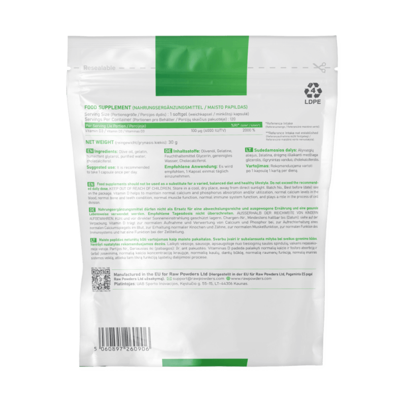 Ingrijire personala si Cosmetice - Sanatate si wellness - Suplimente alimentare - Alte suplimente alimentare - Vitamin D3 4000IU 120 Capsule moi, Raw Powders - Infinity.ro