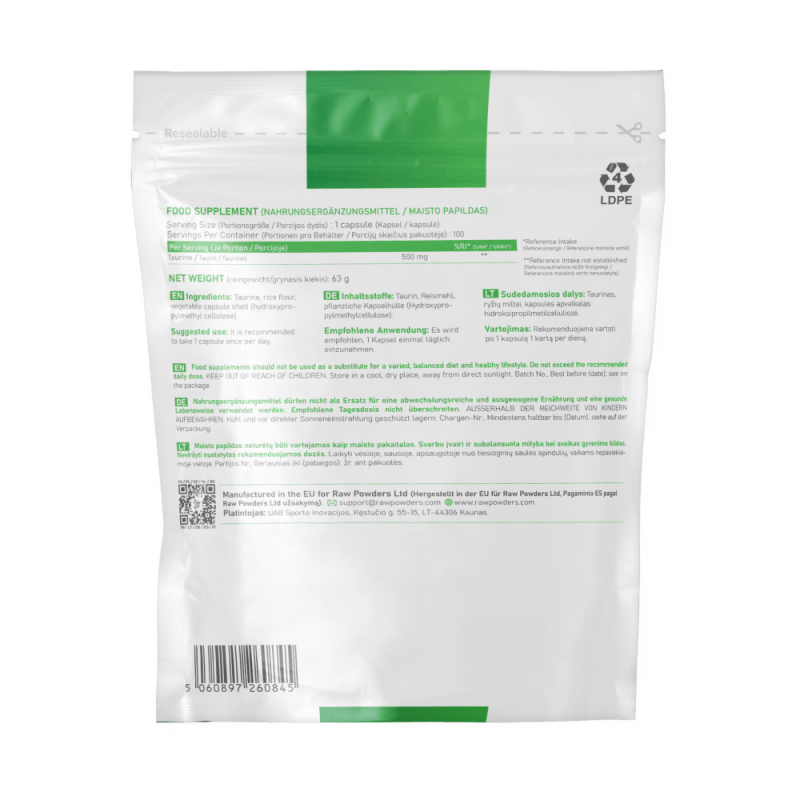 Ingrijire personala si Cosmetice - Sanatate si wellness - Suplimente alimentare - Alte suplimente alimentare - Taurine 500 mg 100 Capsule, Raw Powders - Infinity.ro