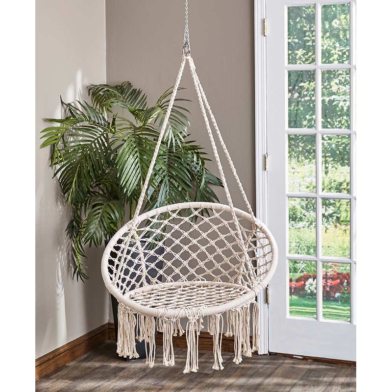 Casa si Gradina - Gradina si terasa - Balansoare si hamace - Balansoare - Scaun rotund tip leagan suspendat pentru casa sau gradina, cu franjuri, 150kg, crem - Infinity.ro