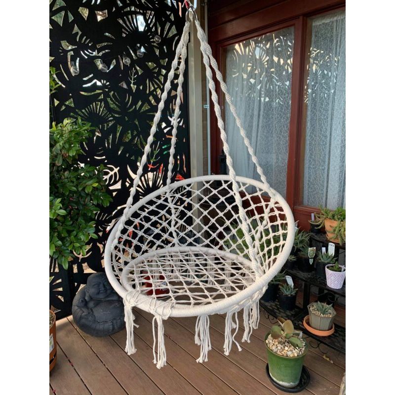 Casa si Gradina - Gradina si terasa - Balansoare si hamace - Balansoare - Scaun rotund tip leagan suspendat pentru casa sau gradina, cu franjuri, 150kg, crem - Infinity.ro