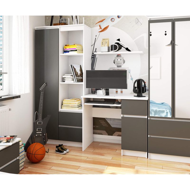 Casa si Gradina - Mobilier - Mese si birouri - Birouri - Birou computer PIKSE cu sertar, dulap si polita glisanta pentru tastatura, dreapta, 90x50x77 cm, alb si gri - Infinity.ro