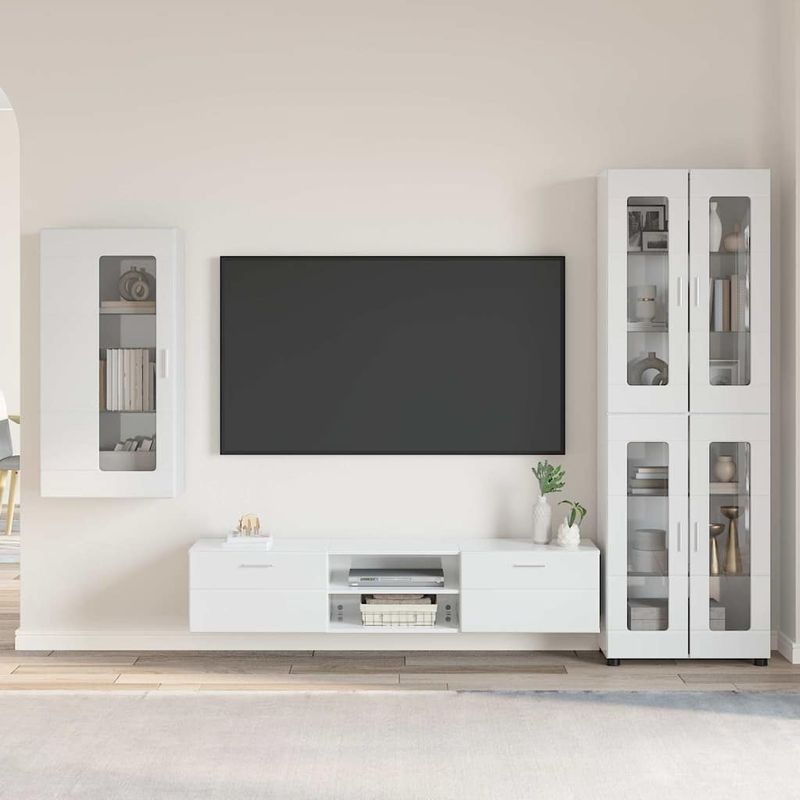 Casa si Gradina - Mobilier - Seturi de mobilier - Seturi living - Set comoda TV cu sertar cu Raft cu usa Alb lucios Lemn compozit - Infinity.ro