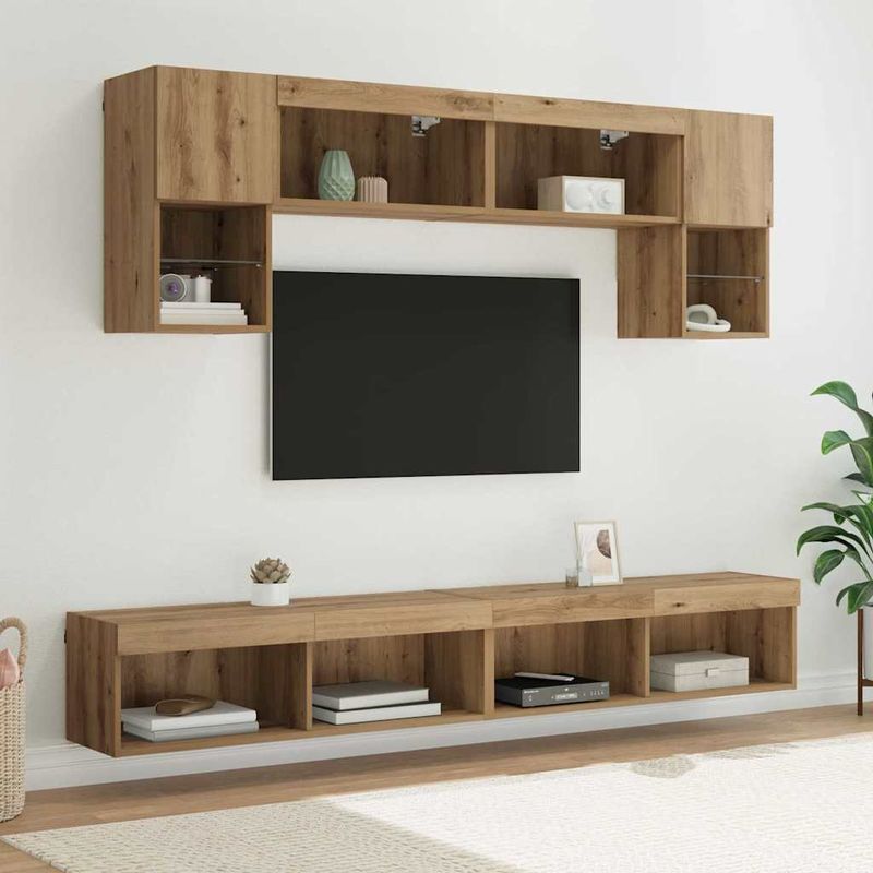 Casa si Gradina - Mobilier - Comode si corpuri - Comode - Unitati TV de perete cu LED 6 pcs Stejar Artizanal Lemn compozit - Infinity.ro